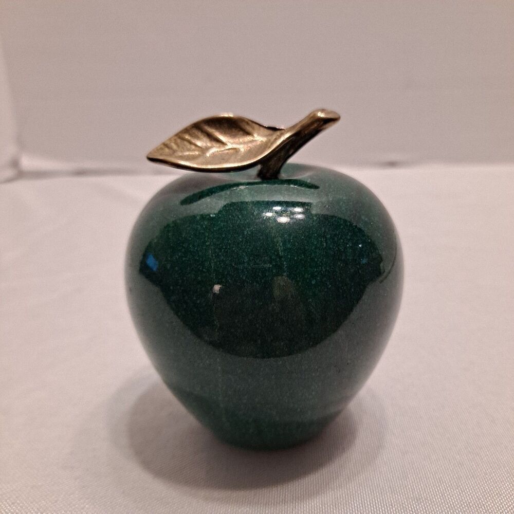Apple Paperweight with Metal Stem and Leaf Green 3.25"
